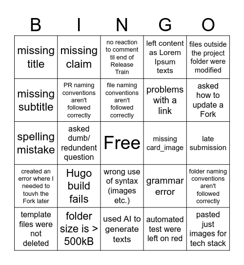 Showtime PR Review Bingo Card