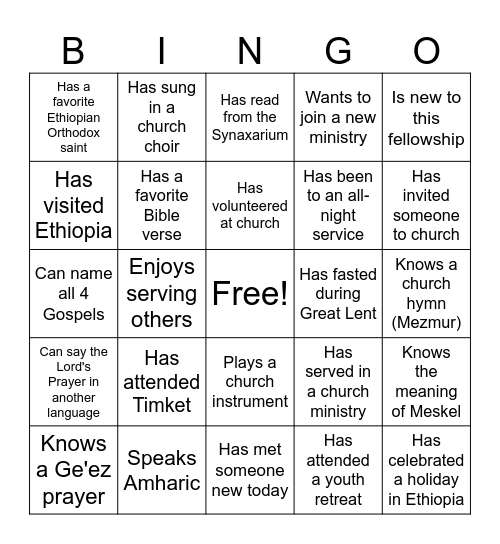 Orthodox Bingo Card
