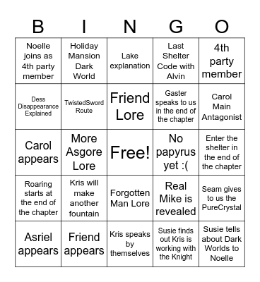 Deltarune Bingo Card