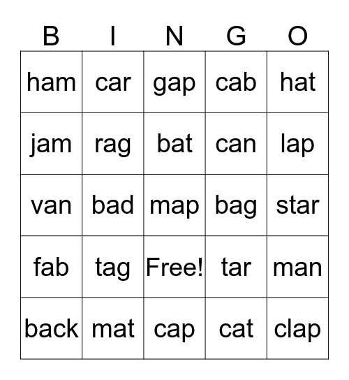 Spelling Bingo short /a/ vowel  Bingo Card