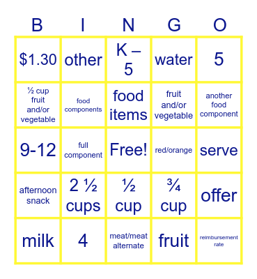 School Nutrir Bingo Card