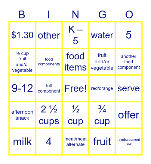 School Nutrir Bingo Card