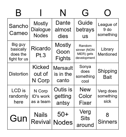 Canto 8 Bingo Card