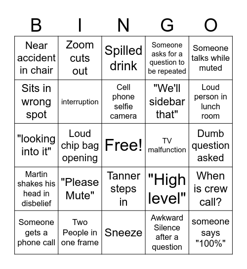 Production Meeting Bingo Card