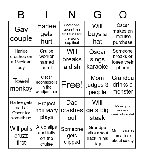Cruise bingo Card