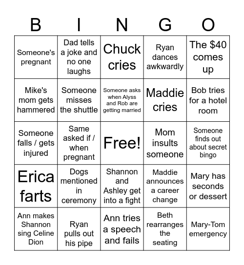 Courtney and Mikes Wedding Bingo Card