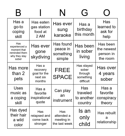 Recovery Bingo Card