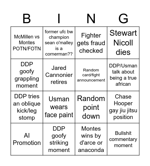 UFCOCK Bingo Card
