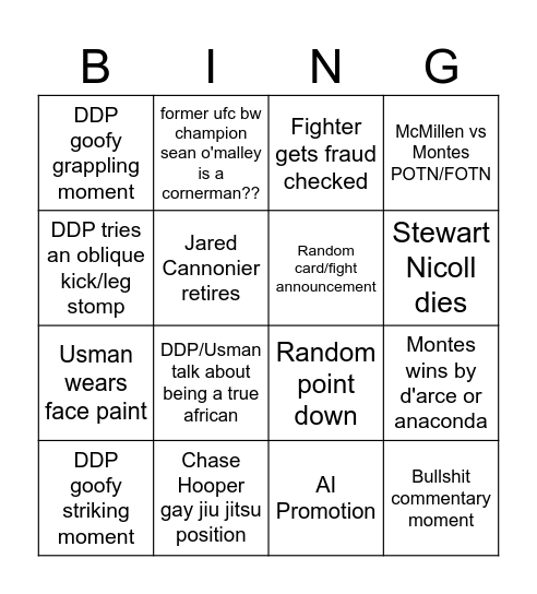 UFCOCK Bingo Card