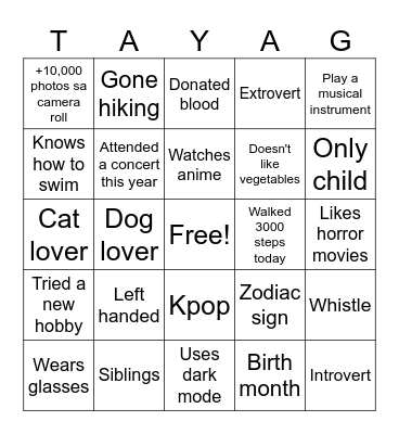 TAYAG Bingo Card
