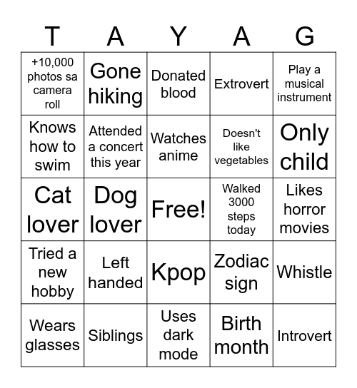 TAYAG Bingo Card