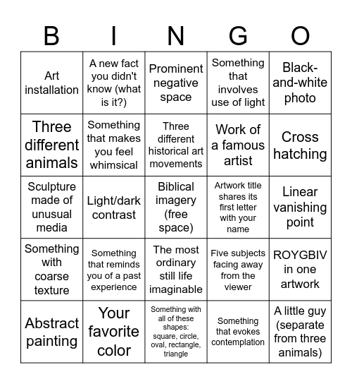 Art Museum Bingo Card
