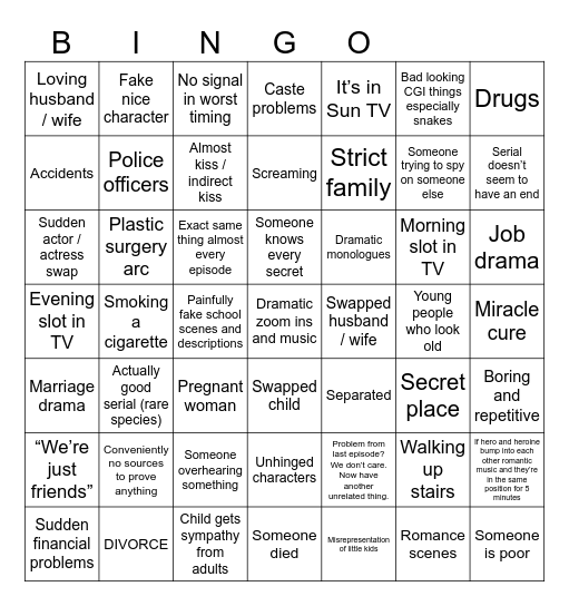 Indian serial bingo Card