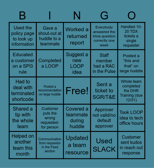 Team Building Bingo Card