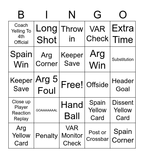 World Cup Final Watch Party Bingo Card