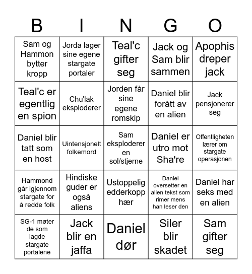 SG-1 Tog Bingo Card