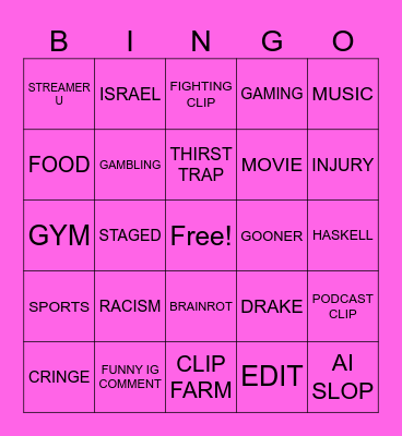 instgram reels Bingo Card