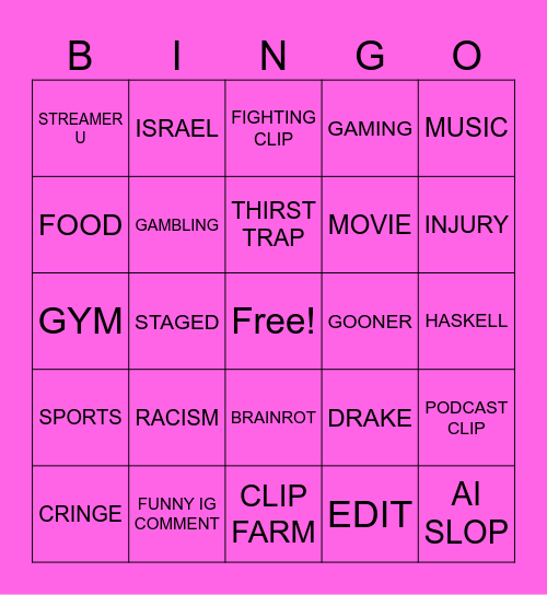 instgram reels Bingo Card