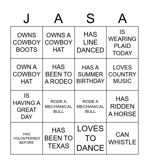 JASA HOEDOWN SQUARES Bingo Card