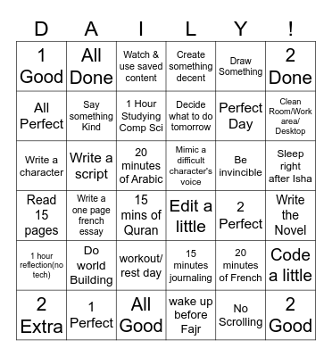 Daily Goal List starting July Bingo Card