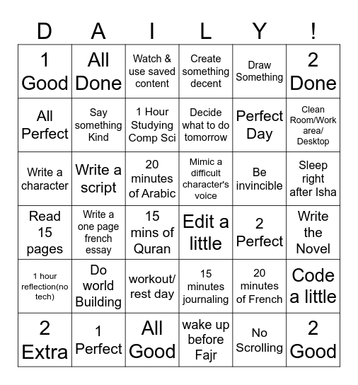 Daily Goal List starting July Bingo Card