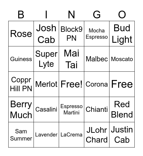 Wine Bingo Card