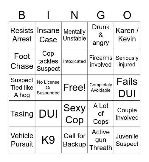 Copwatch Bingo Card