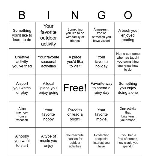 Leisure Bingo Card