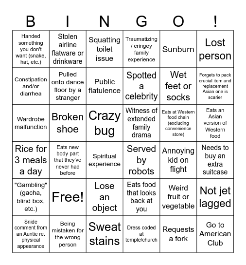 Asia Trip Bingo Card