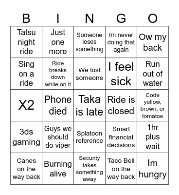 Six Flags Bingo Card