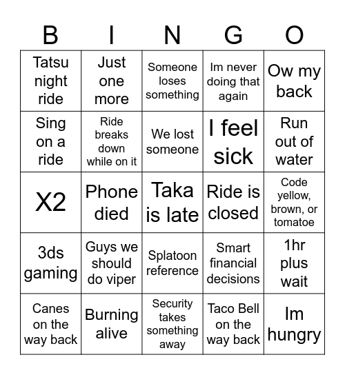 Six Flags Bingo Card