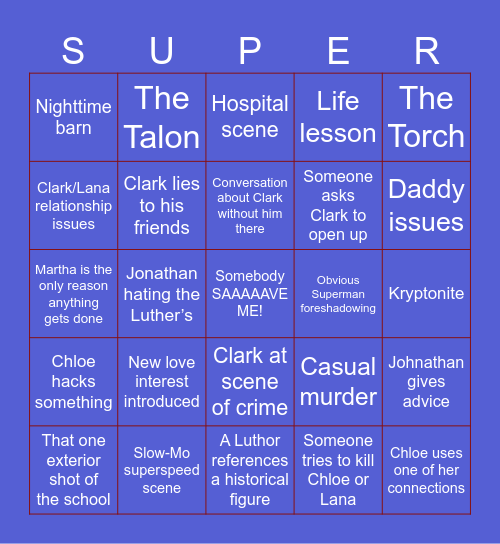 Smallville Bingo: S1+2 Bingo Card