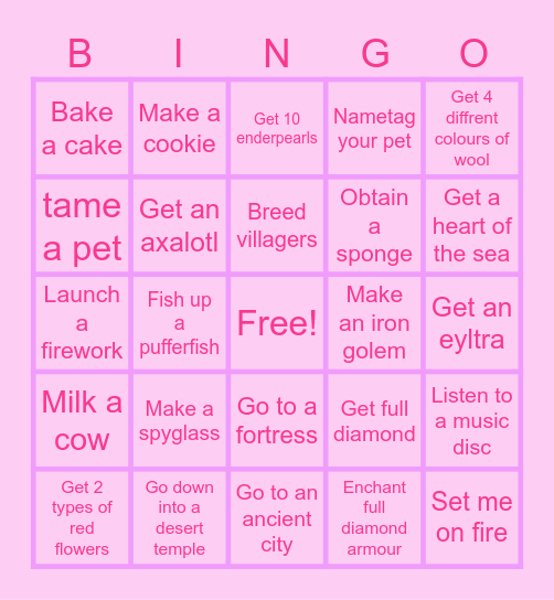 Minecraft Bingo Card