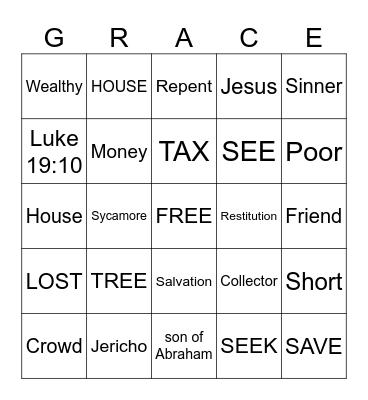 Zacchaeus Bingo Card