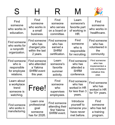 Yakima SHRM Summer Social Bingo Card