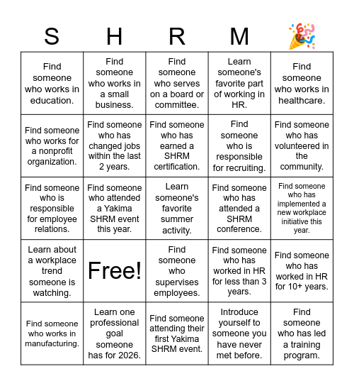 Yakima SHRM Summer Social Bingo Card