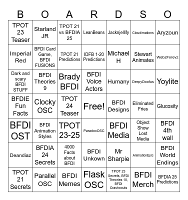 BFDI Day 1 Bingo Card