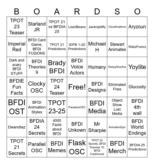 BFDI Day 1 Bingo Card