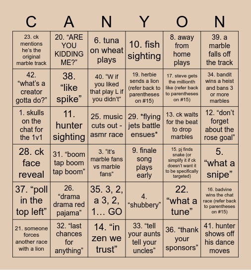 CACTUS CANYON BINGO Card