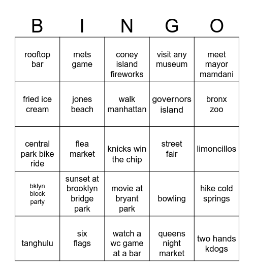 nyc summer ‘26 bingo Card