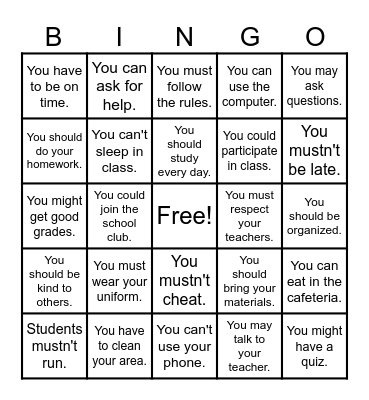 Modal verbs Bingo Card