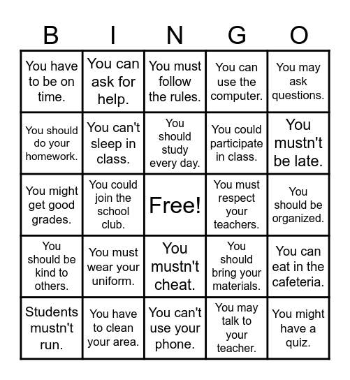 Modal verbs Bingo Card