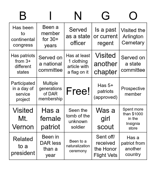 DAR Bingo Card