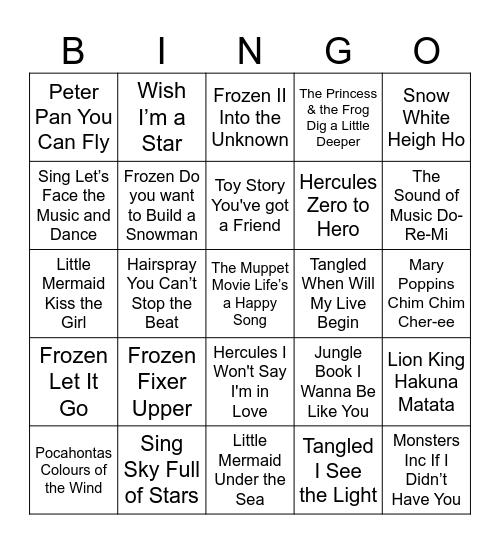 Disney Music Bingo Card