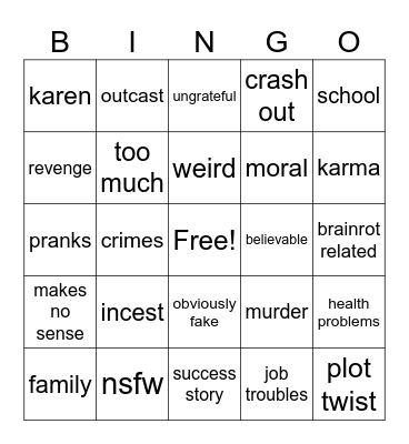 reddit story bingo Card
