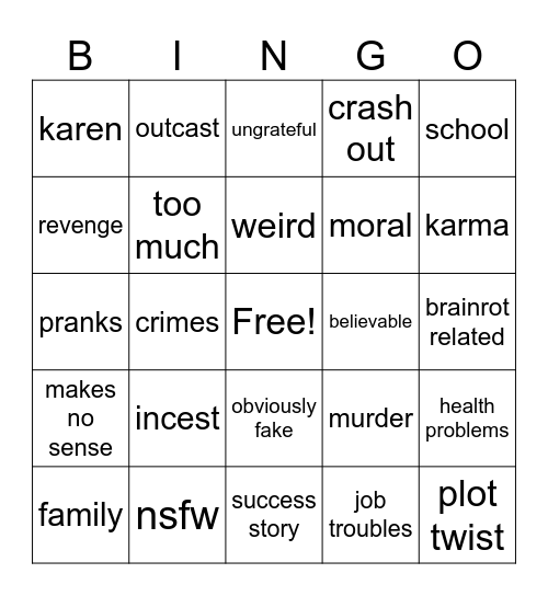 reddit story bingo Card