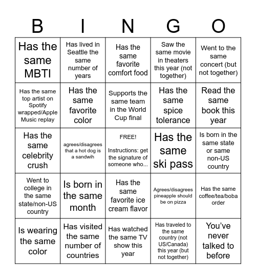Xiaolu's birthday bingo Card