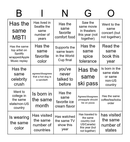 Xiaolu's birthday bingo Card