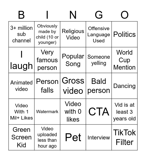 YouTube Shorts Bingo Card