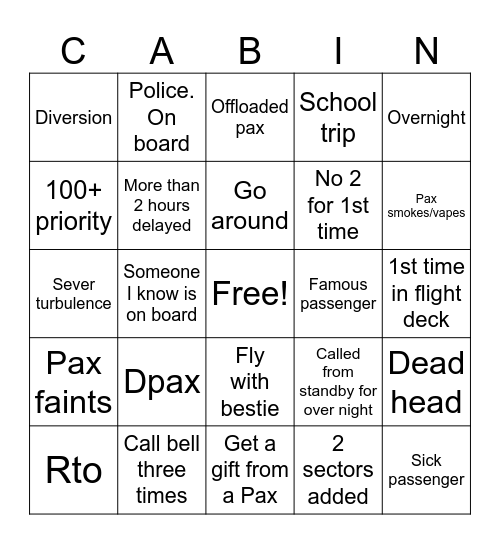 Cabin crew bingo Card